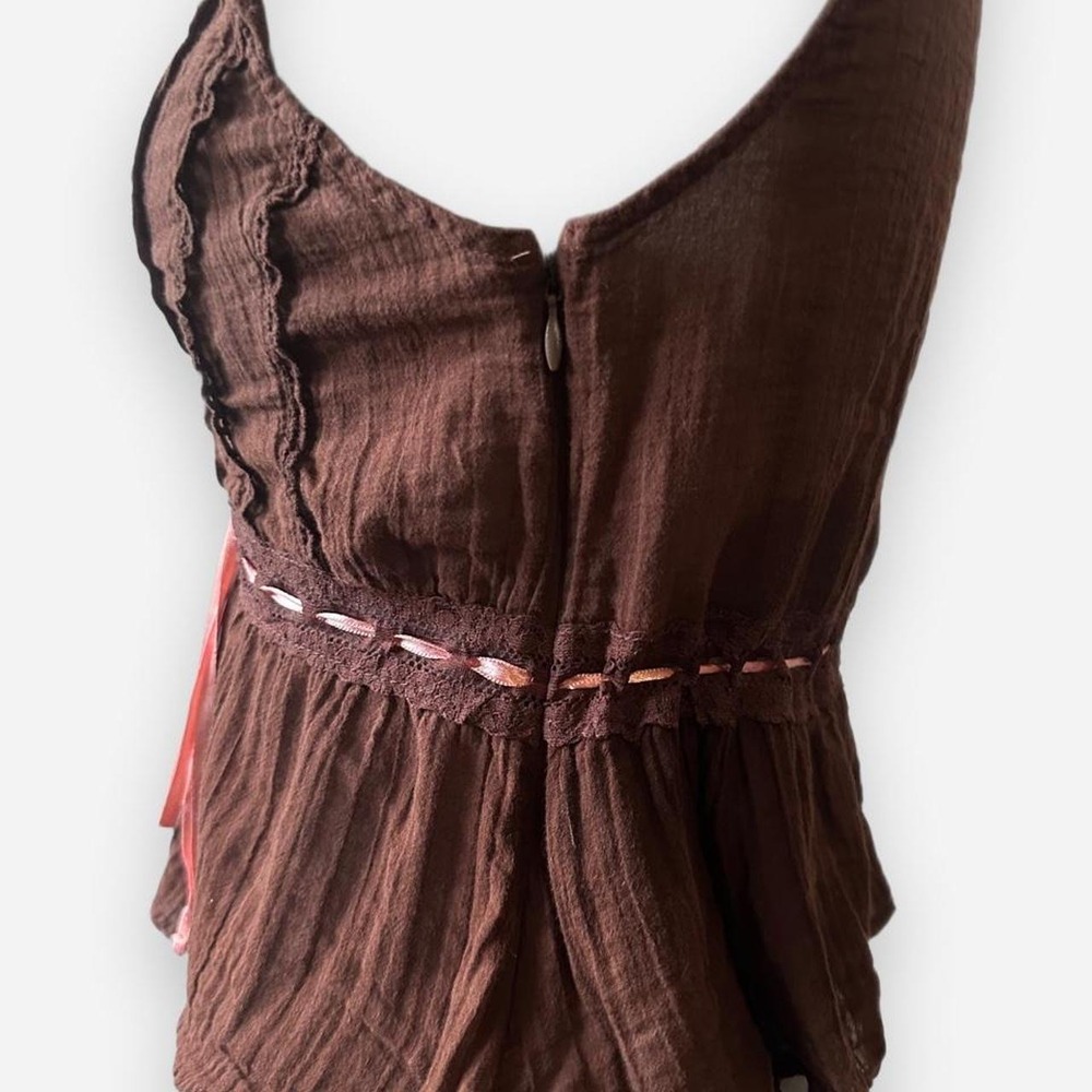 Kimchi Blue Brown Lace Trim Ribbon Tie Peplum Top Medium - Picture 3 of 6